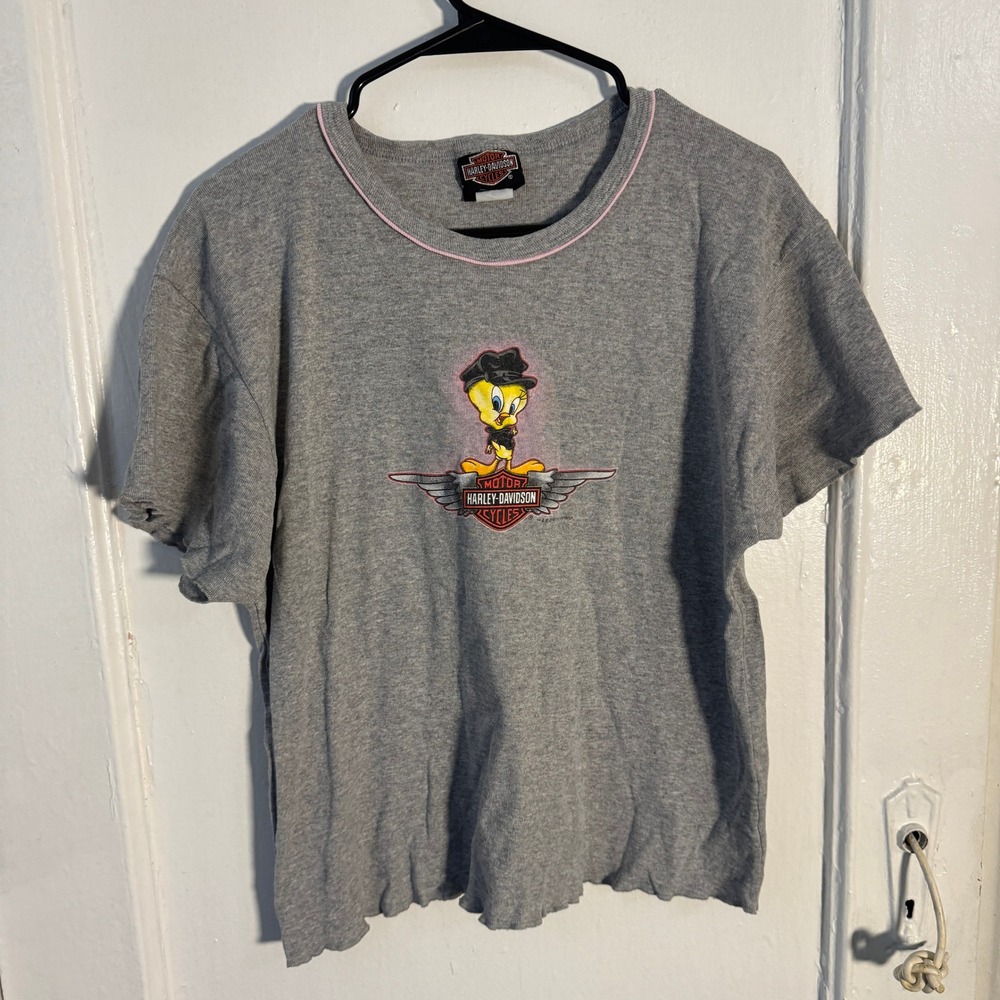 Vtg Y2K Harley-Davidson Tweety Bird Omaha Nebraska‎ Gray Punk Rock top XL Looney